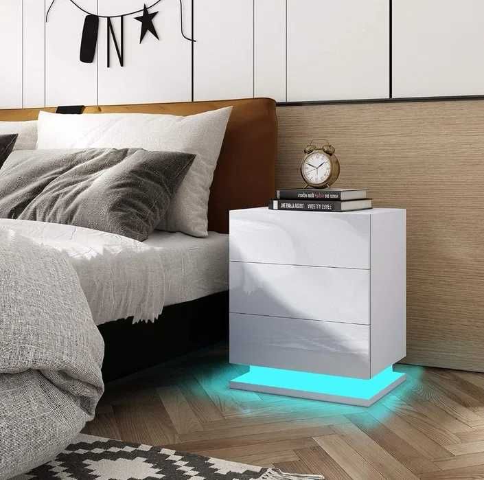 Нощни шкафчета Бял/Черен гланц/мрамор лед LED осветление, 3 чекмеджета