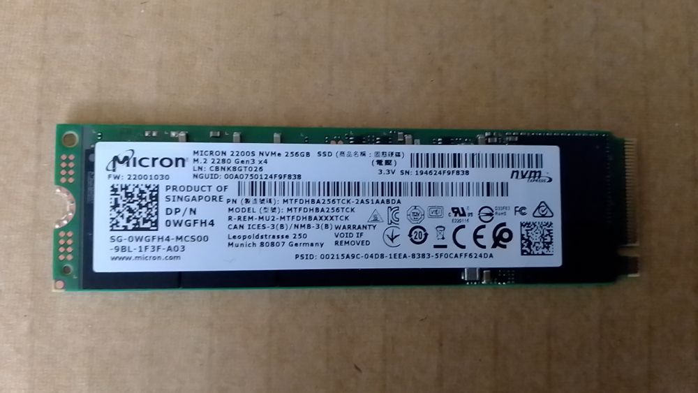 SSD NVMe 256gb Micron 2200S 3x4 2280, 96%.