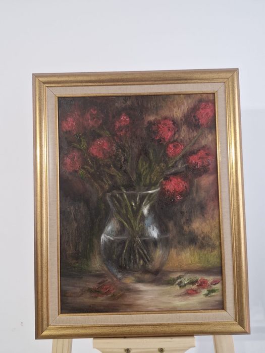 Tablou original pictat manual – Natură statică cu trandafiri roșii