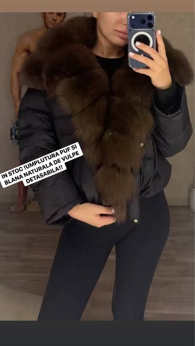 Geaca puf si guler blana naturala vulpe
