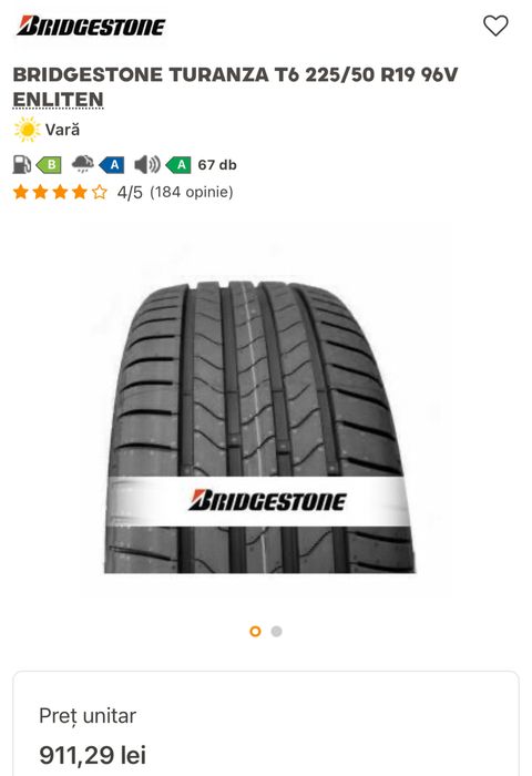 Vand 4 anvelope vara BRIDGESTONE TURANZA T6 225/50 R19 96V ENLITEN