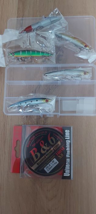 Подаръчен к-т воблери блесни клатушки за спининг риболов и плетено вл.