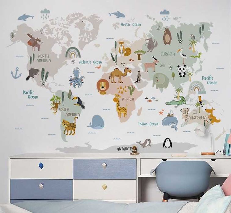Sticker educativ harta lumii cu animale, sticker decorativ autocolant, sticker camera copilului