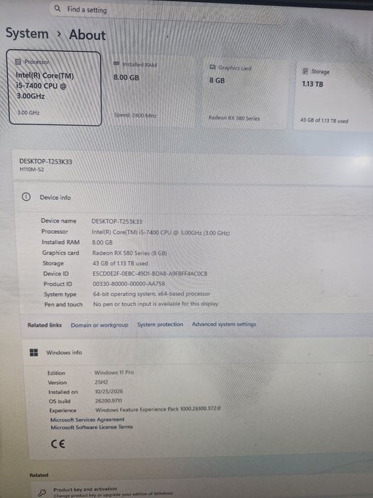 Unitate pc gaming i5 generația 7a, 8gb ram, ssd256gb,video Rx580 8gb  ddr5