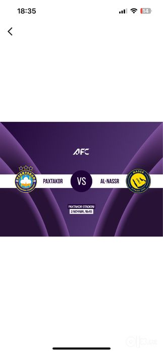 Bilet Al-nassr : Paxtakor | билет Пахтакор - Аль-Наср