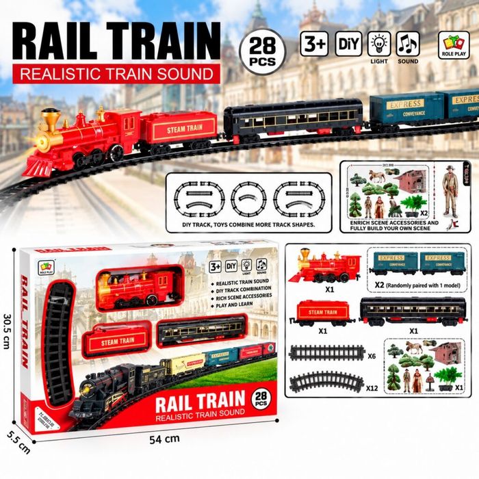 Детски влак с релси Rail Train, 28 части, реалистични звукови ефекти,