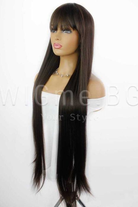 Екстра дълга права тъмнокестенява перука с бретон Ирен - 101 см.