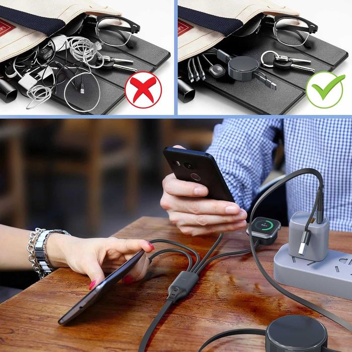 4 в 2 USB C/A прибиращ се кабел за бързо зареждане, 100 W, MFi