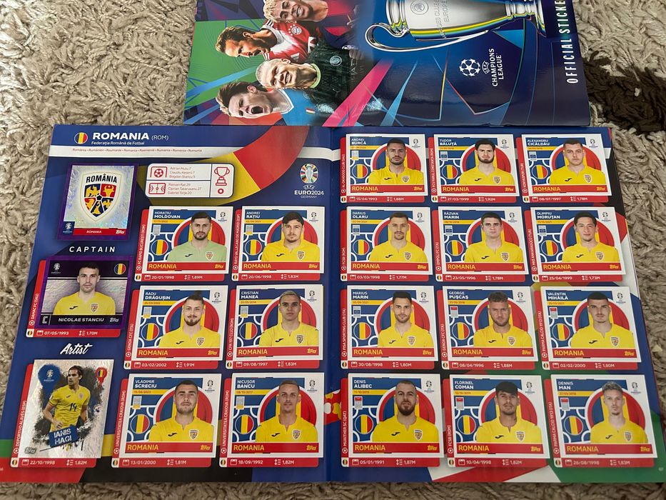 De vânzare Album Topps Euro2024 în stare bună complet(98%)lipsesc 24de stickere. Album Topps UEFA Champions League 2025/2026 complet(100%)stare bună.