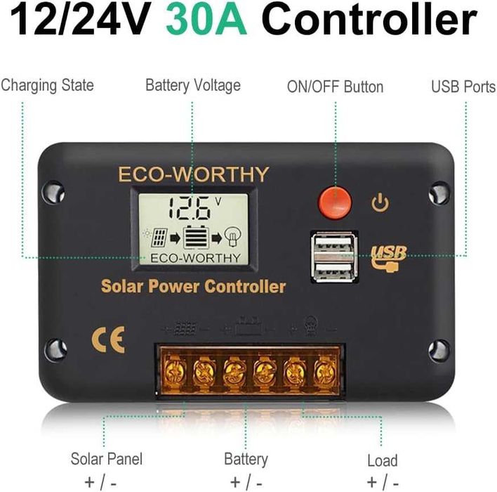 НОВ! PWM соларен контролер 30A за 12V и 24V системи с LCD дисплей, USB