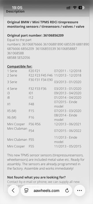 Senzori Presiune jante BMW F20 F21 F30 F31 F32 F33 F34 F36 F16 F15 F86