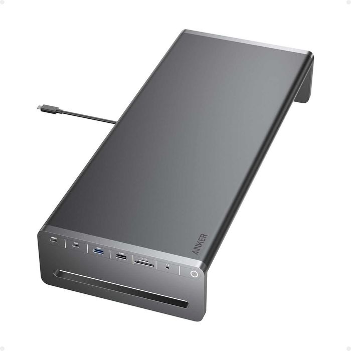 Anker USB-C Hub, 10-в-1 алуминиева стойка за монитор, 4K HDMI хъб, със 100-85W Pass-Through възможност за зареждане