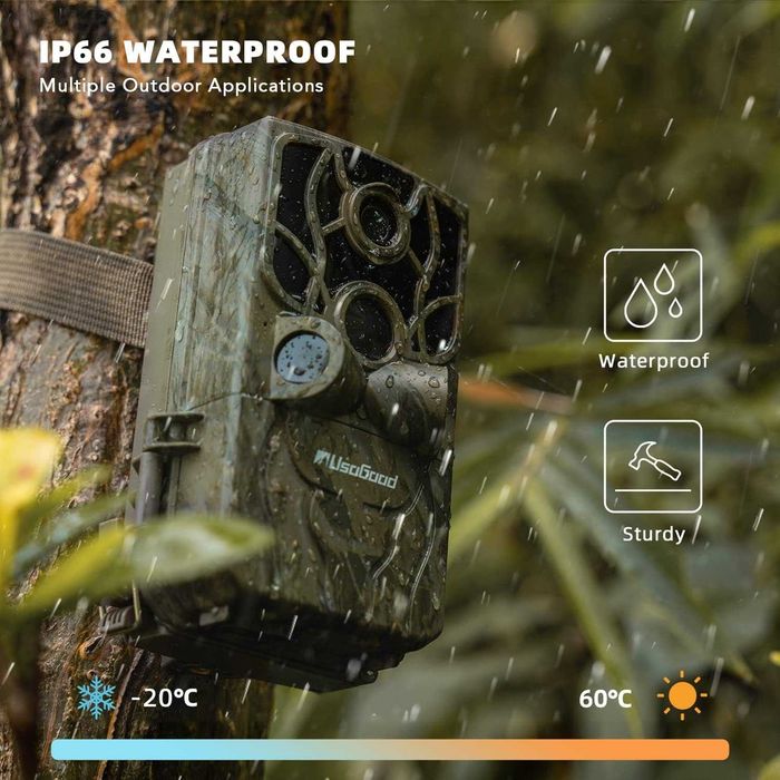 WiFi камера за проследяване 48MP 4K, Usogood ловна камера с активирано движение нощно виждане IP66