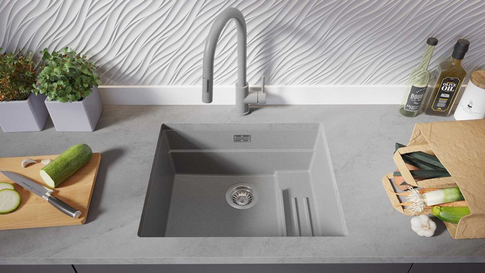 Сив гранитна мивка за вграждане под плот Прага 60 Level 560 x 470 мм