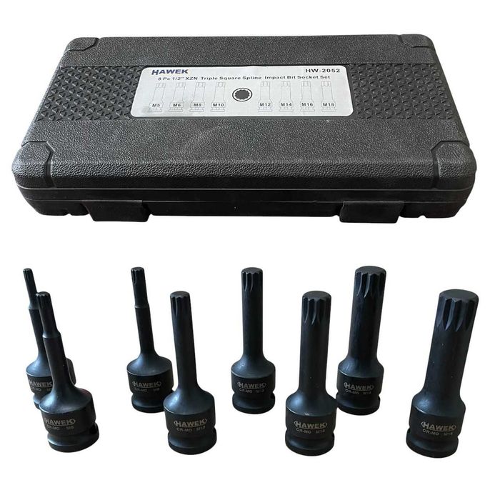 Професионален комплект ударни SPLINE битове HAWEK HW2052 8 части, 1/2"