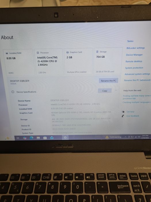 Laptop Asus i5 4th gen 8gb ssd 256gb nvidia gtx 850m 2gb 15,6"led slim