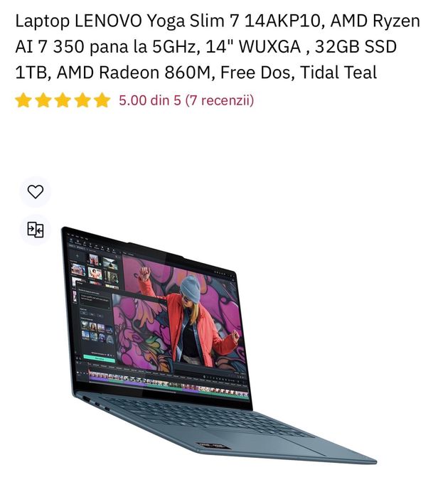 Laptop sigilat LENOVO Yoga Slim 7 14AKP10 - AMD Ryzen AI 7 350 pana la 5GHz, 14" WUXGA, 32GB SSD 1TB, AMD Radeon 860M, Free Dos,
