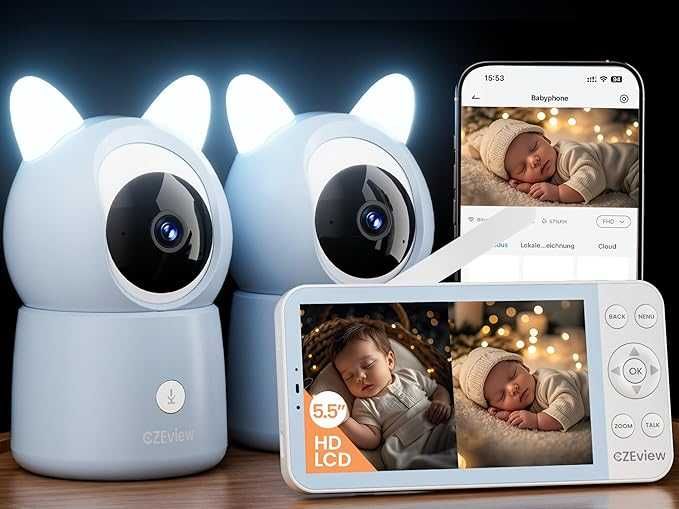 Monitor pentru bebeluși CZEview BM6 cu 2 camere, zoom 2K și 4X,