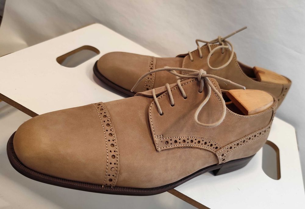 Pantofi derby de lux 44 lucrati manual STEFANO NOI piele naturala nappa camel