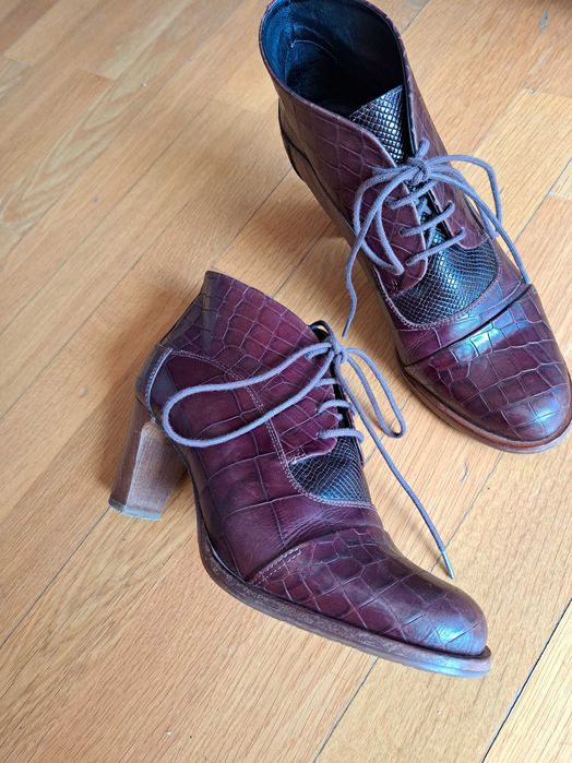 Кожени обувки Zinda, елегантни полуботи с ток, кафяви, естествена кожа