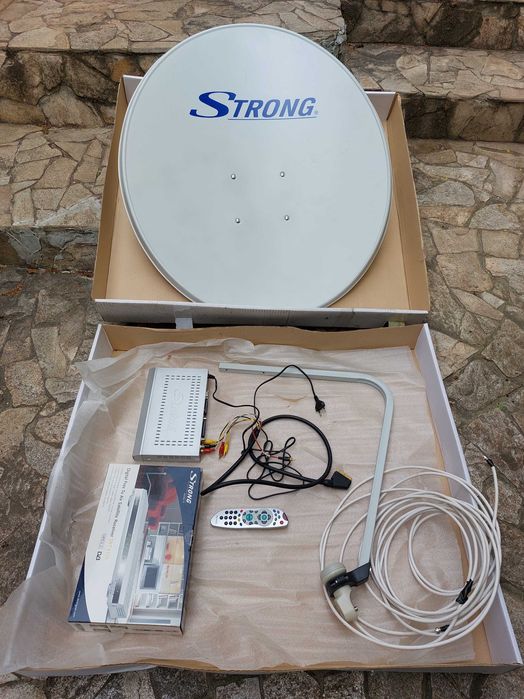 ЧИСТО НОВ пълен сателитен комплект STRONG (Приемник + Антена + LNB)