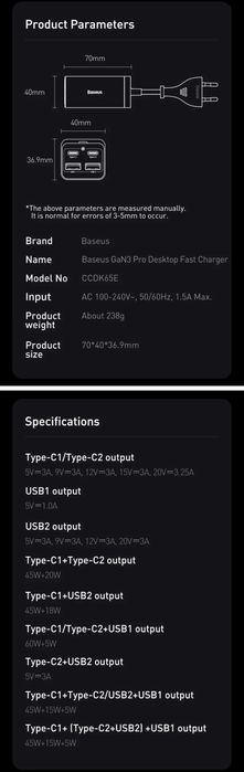 Baseus 65W GaN3 Pro 4 in 1 Desktop Fast Charger For Macbook/Ultrabook