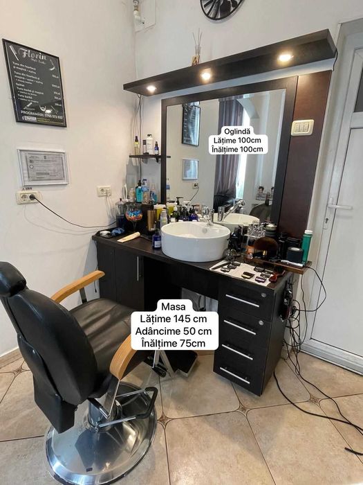 Urgent set complet frizerie scaun frizer dulap birou lavoar oglinda coafor