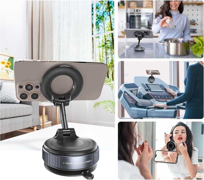 Магнитна стойка за телефон с вакуумно закрепване - въртене 360 градуса