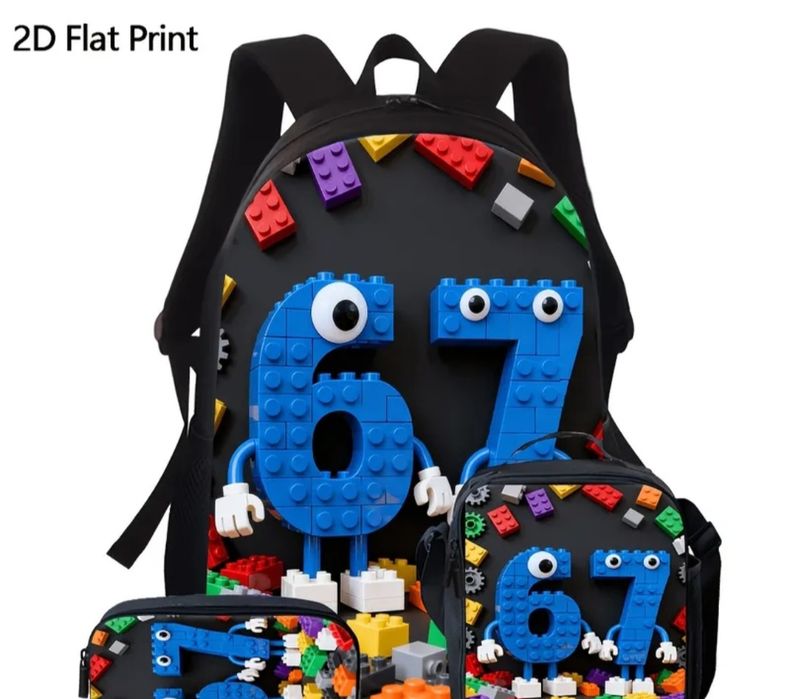 Set Școlar Ghiozdan Rucsac și Peneșar – Imprimeu 3D Cărămizi tip Lego (Cifrele 6 și 7)