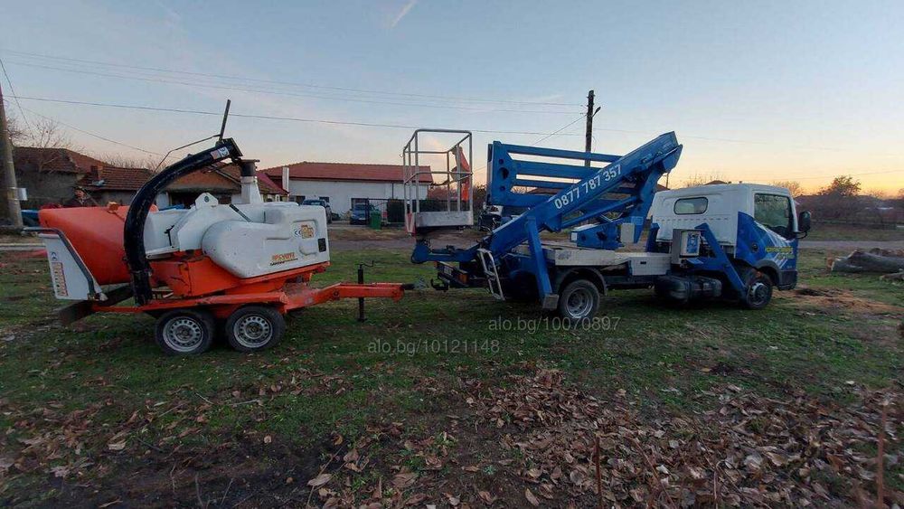 Услуги с вишка, рязане на опасни дървета, дробилка под наем.