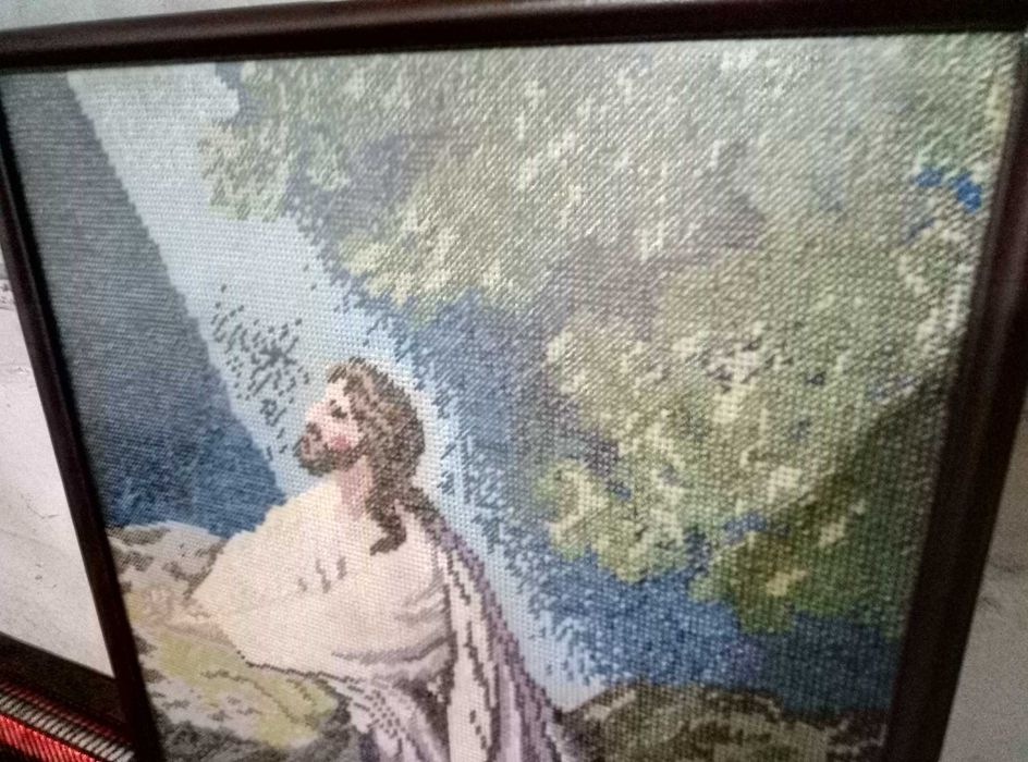 Стар РЪЧНО УШИТ ГОБЛЕН 49/37см Иисус в Гетсиманската градина