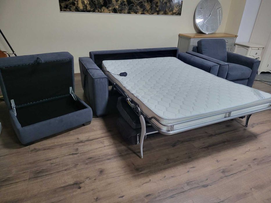 Сив комплект от плат диван тройка с функция сън, фотьойл и табуретка