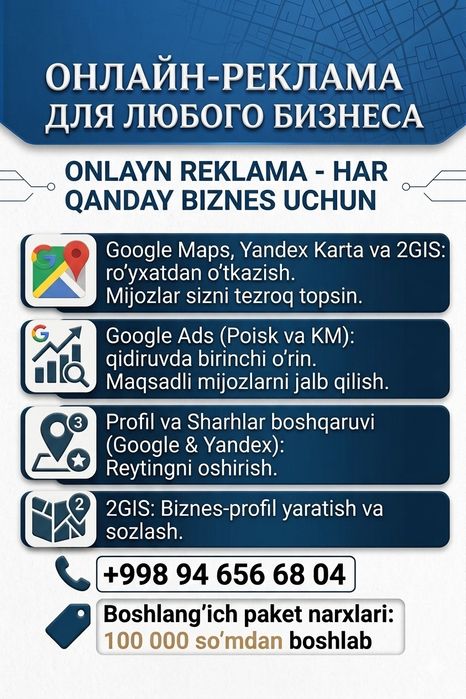 Yandeks, google, 2gis Kartaga joylash Mehmonlar sizni oson topsin