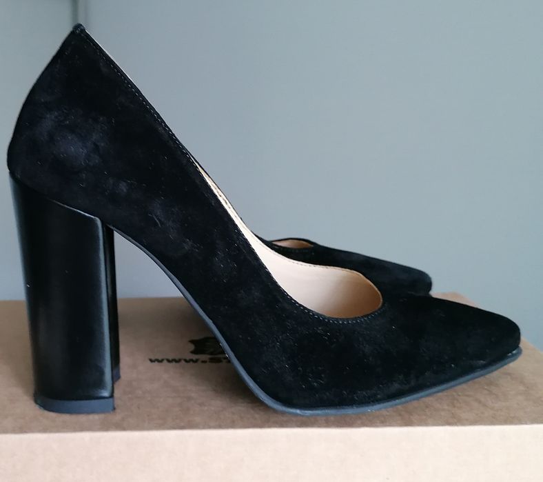 Pantofi cu toc gros piele naturală întoarsă