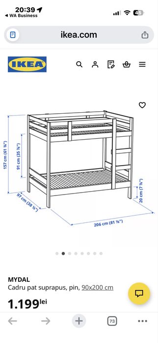 Pat dublu ( supraetajat ) de copii , lemn masiv de pin natur .