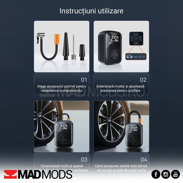 Compresor auto cu acumulator, 150 PSI, Afisaj digital, Lanterna, USB C