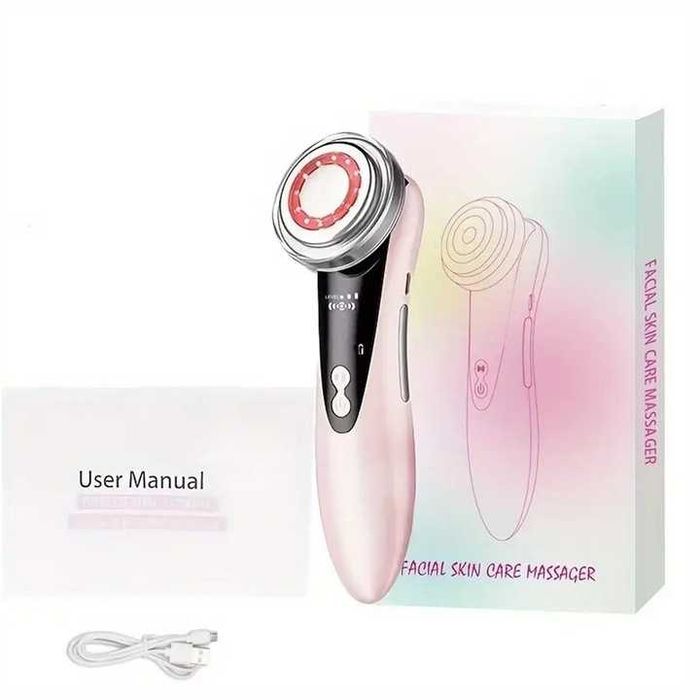 Aparat masaj facial 4 in 1, roz, cu 4 moduri, functie de lumina rosie si albastra, incarcare USB