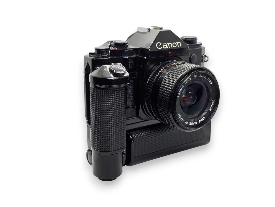 Aparat foto film Canon A-1 + 24mm f/2.8 + motor drive