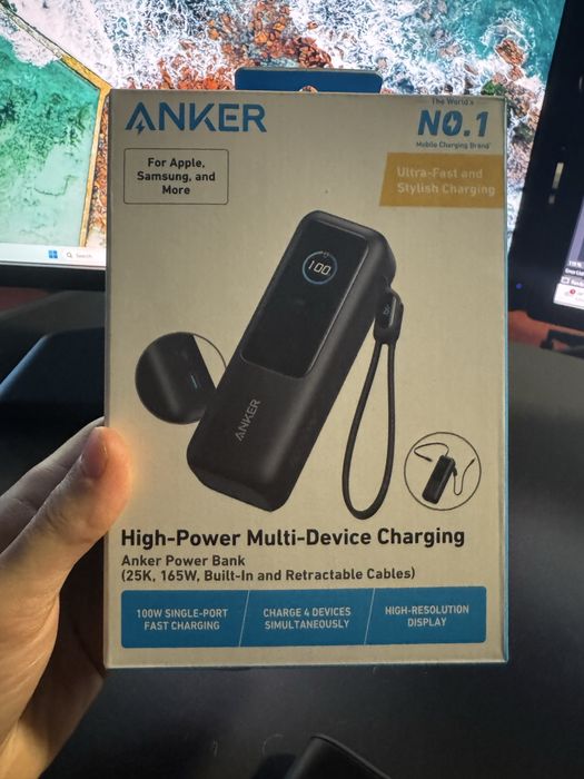Anker Power Bank 25 000mAh 165W – Вграден + прибиращ се кабел | Нов