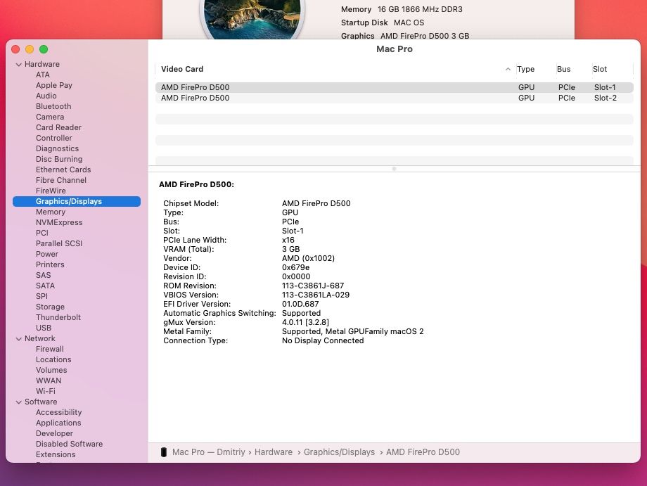 Mac Pro, Video 6Gb, 16 GB ram, SSD 512