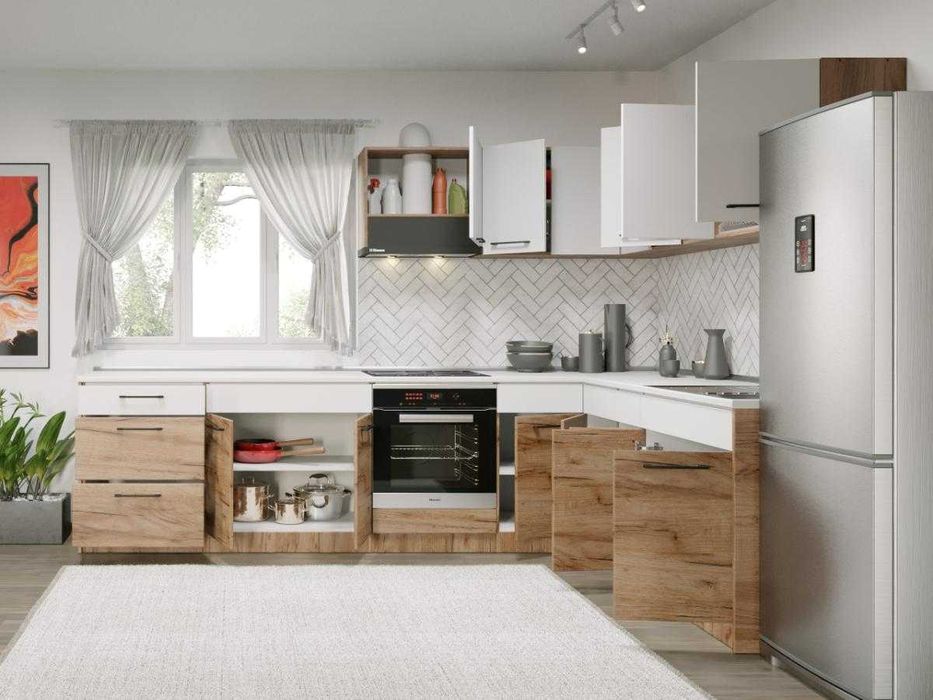 Set Mobila Bucatarie Colt Gastro 300*210 Alb/Stejar – C37