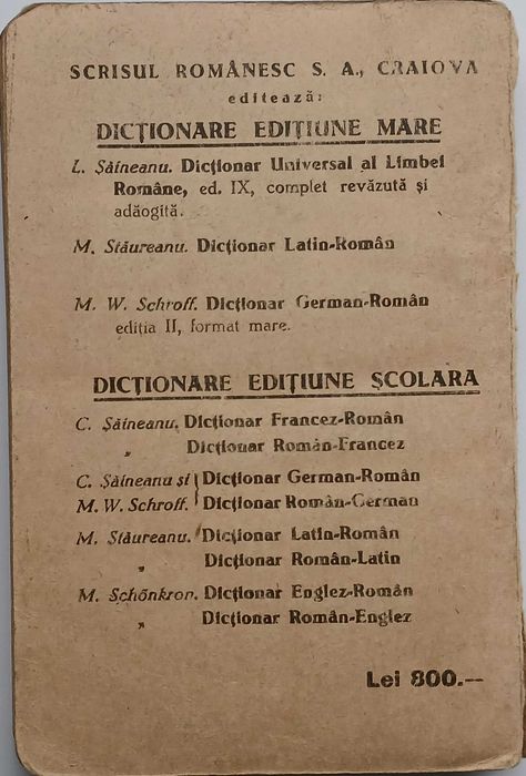 Dicționar român-latin întocmit de M Stăureanu, ediție școlară, 1924, Craiova