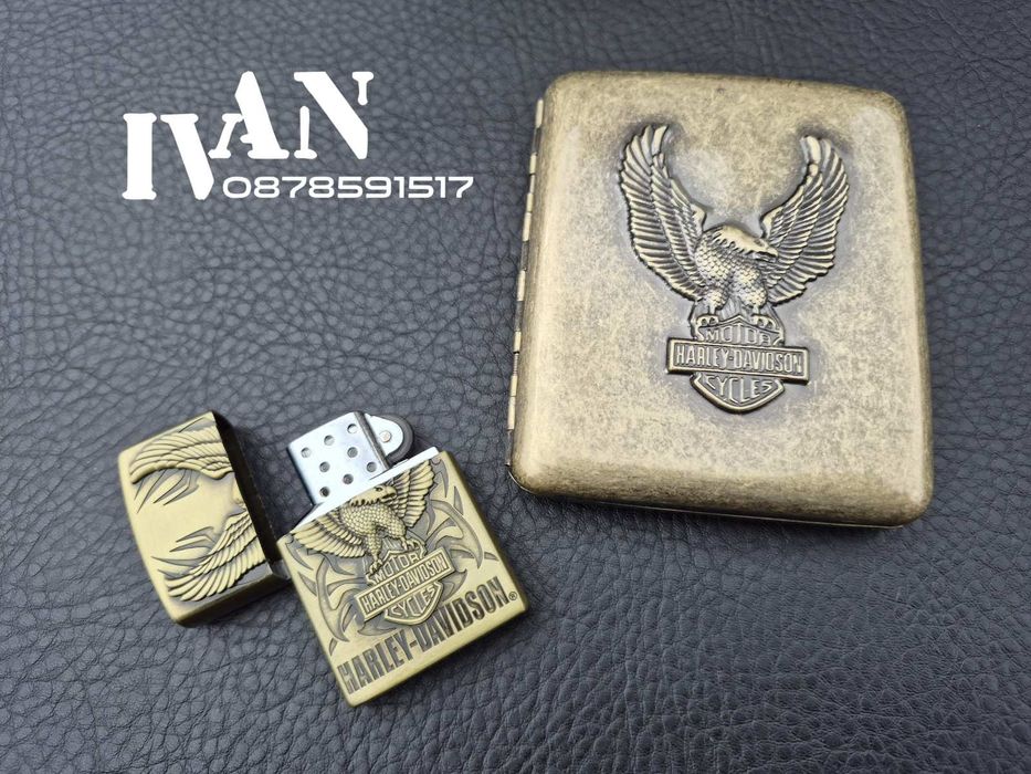 Табакера и газова запалка от месинг Harley Davidson