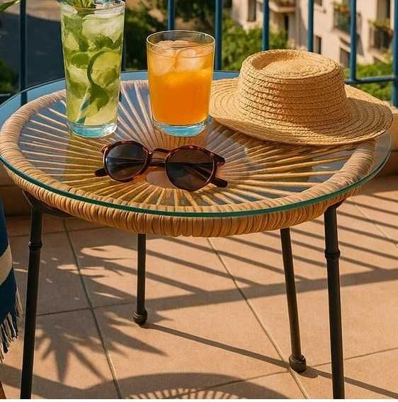 Маса за градина, Метална масичка с ратан и стъкло, 3 крачета, 50x50 см