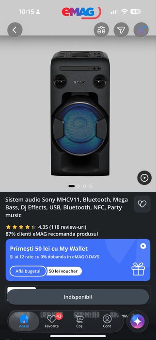 Sistem audio Sony MHCV11, Bluetooth, Mega Bass, Dj Effects, USB, Bluetooth, NFC, Party music