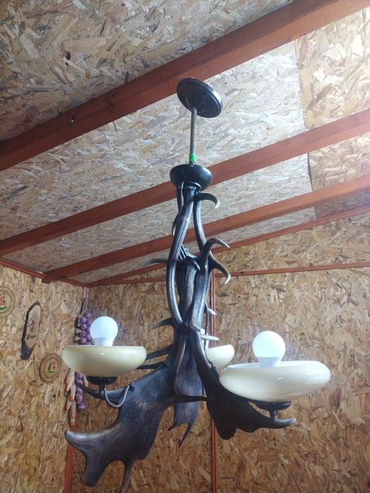 Ръчно изработен таванен полилей от 5 броя еленски рога. 
Нестандартен,