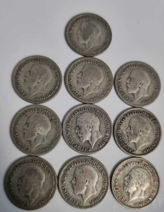 Lot 10 monede Anglia Marea Britanie 10 x 6 pence 1928-1936 argint