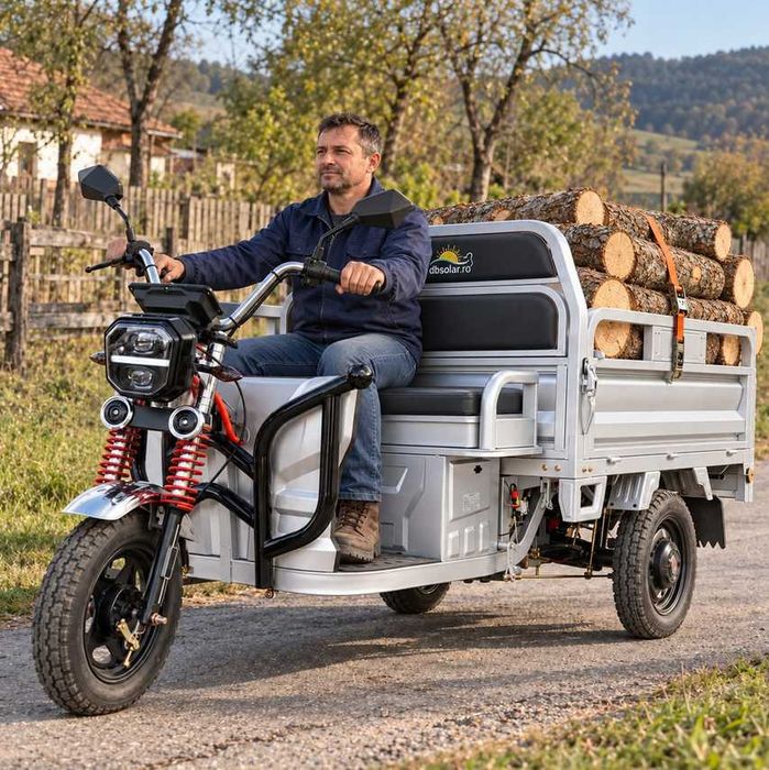 Triciclu Electric 1500W cu CIV Baterie 20Ah Cargo TUK TUK Bena Basculabila 2 Locuri