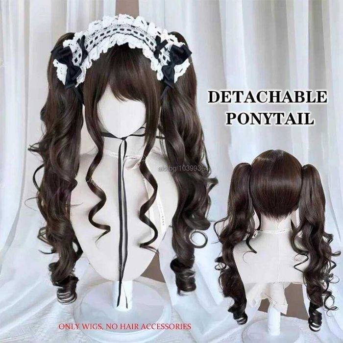 Аниме къса кафява перука с предни дълги кичури и подвижни опашки