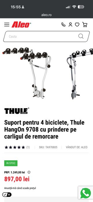 Suport pentru 4 biciclete, Thule HangOn 9708 cu prindere pe carligul de remorcare